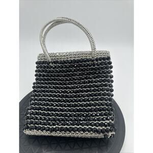 Vintage Black And Silver Beaded Handbag Purse Snap Closure EUC
